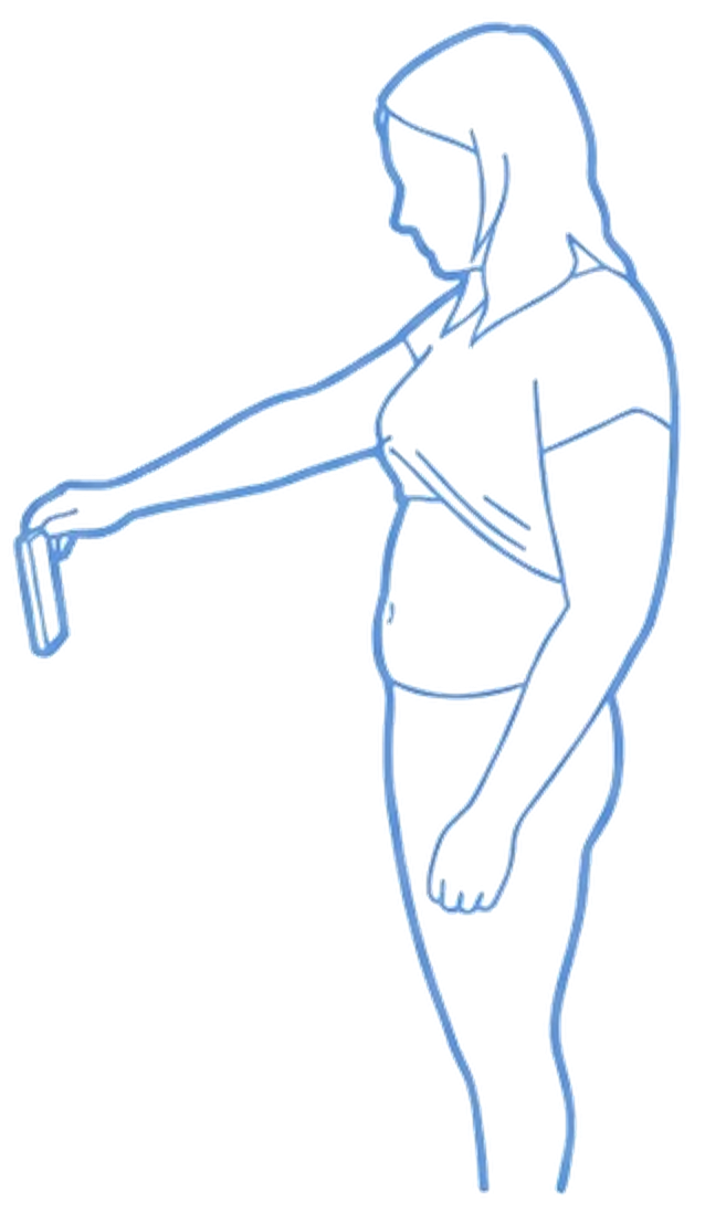 Illustration from the app's onboarding: a woman holding the iPhone screen-forward at her abdomen — the hold the grid is aligned from.